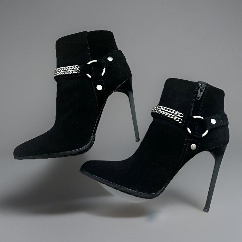 Saint Laurent YSL Black Suede Double Chain Ankle Boots US 36.5 UK 4 Authentic